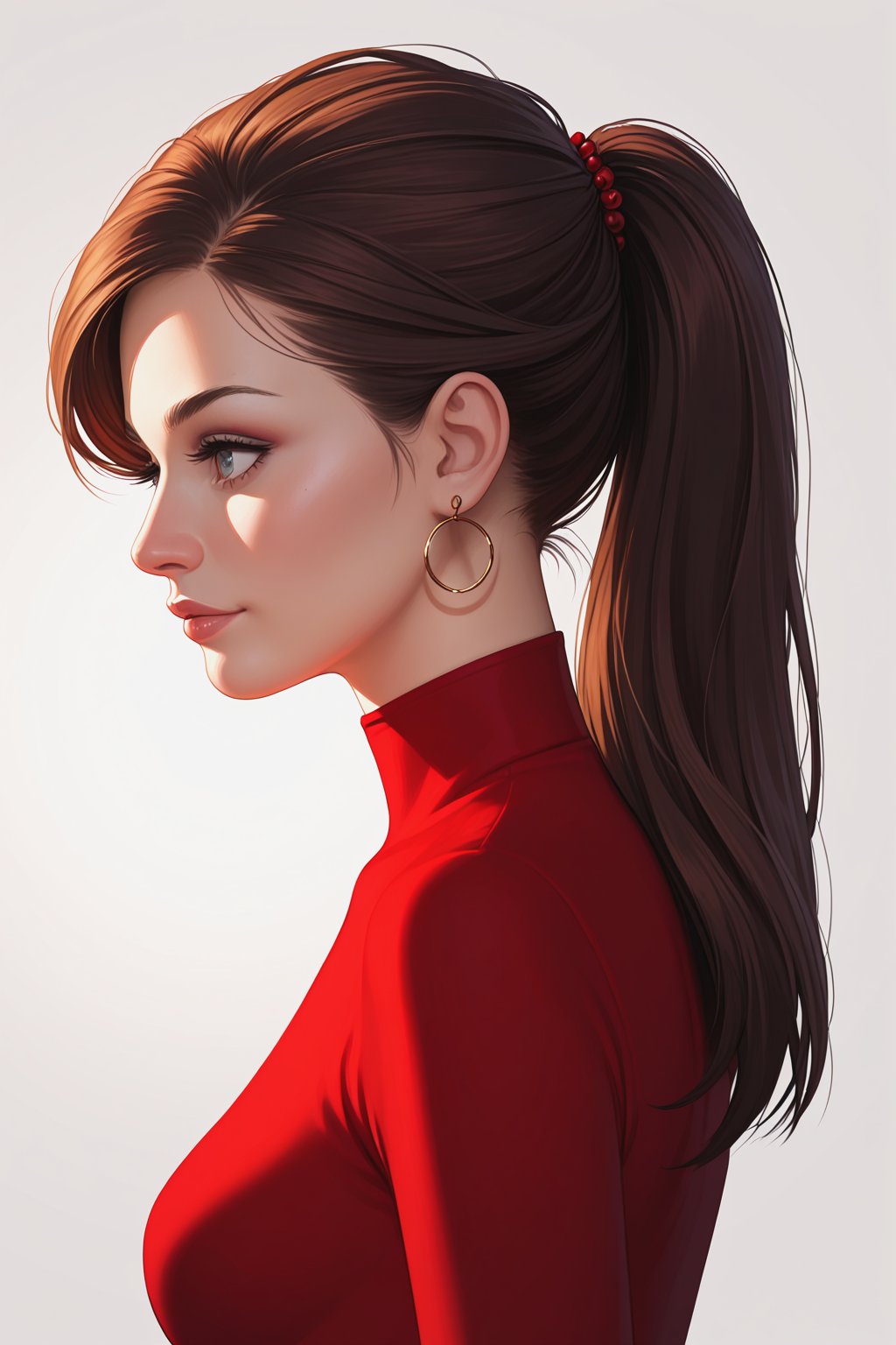 hyperrealistic, a masterpiece, A side profile of a young woman dressed in a vibrant red dress. The dress has a high neck and long sleeves. The woman has a sleek hairstyle, with her hair pulled back into a tight ponytail. She is wearing large, round earrings. On the right side of the image, there's a vertical color gradient bar that transitions from a light shade at the top to a deeper shade at the bottom.