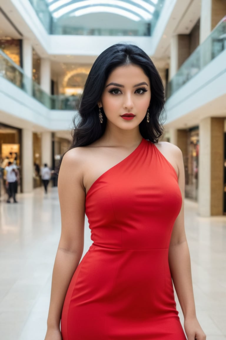 Best work, (Best quality, ,HDR, 8k, 32k, raw photo, photorealistic, UHD:1.2),red dress, simple eyes, black hair, detailed face , photoshoot, randomly click photo 24 years old Ultra realistic , dubai mall photography 