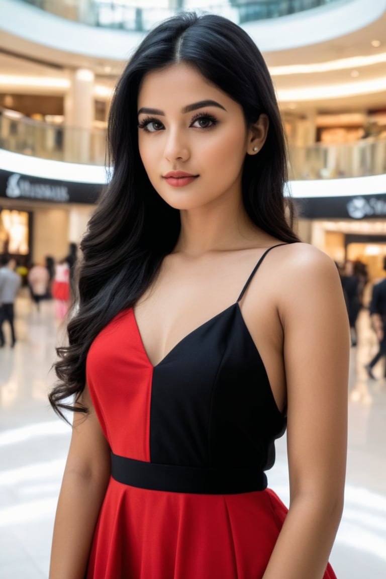 Best work, (Best quality, ,HDR, 8k, 32k, raw photo, photorealistic, UHD:1.2),red and black dress, simple eyes, black hair, detailed face , photoshoot, randomly click photo 24 years old Ultra realistic , dubai mall photography 