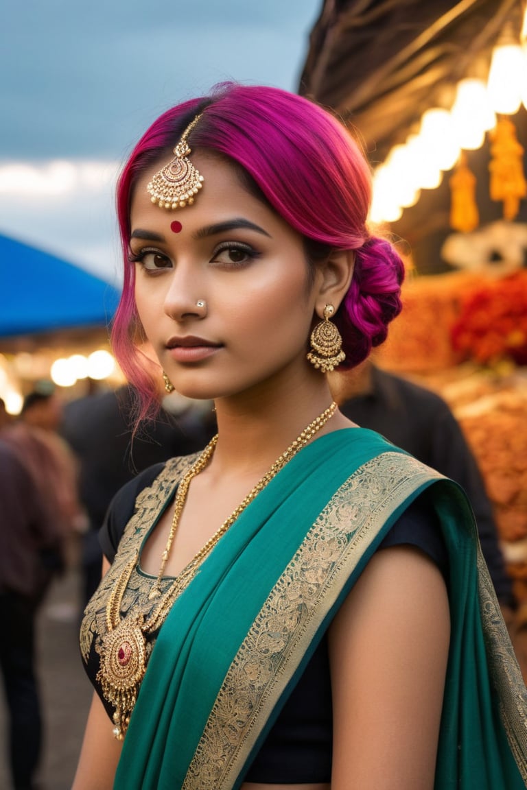 Best work, (Best quality, ,HDR, 8k, 32k, raw photo, photorealistic, UHD:1.2), beautiful 20 year old girl in a forest, eyes, pink hair, detailed face, perfect face, pond, dark sky, lights in the background, realism, red sky, detailed sky, realistic clouds, sun, bright environment, late afternoon, sun rays in the clouds, In the heart of a bustling Indian marketplace, a 23-year-old Indian girl stands out with her striking presence. She is dressed in a modern fusion outfit—a vibrant saree paired with a contemporary blouse, blending traditional elegance with a modern twist. Her poised demeanor and confident expression captivate onlookers as she effortlessly poses amidst the colorful stalls. The rich fabrics and intricate designs of her attire reflect the cultural heritage, while her bold accessories and chic hairstyle add a touch of modernity. The background, filled with the lively sights and sounds of the market, enhances the dynamic and vibrant atmosphere of the scene, perfectly capturing the essence of modern Indian fashion.