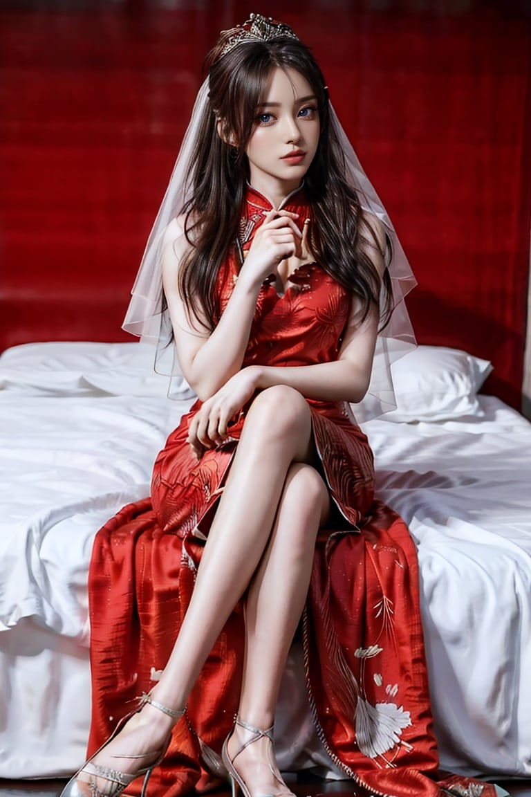 High quality, real, digital, perfect masterpiece, 8K, a girl wearing a Chinese bridal dress (red dress, floral pattern), white hair, bridal hairstyle, wearing a bridal tiara on her head, covered with transparent tulle, Veil, (see through: 0.8), pale skin, deep eyes, blush on both sides of the cheeks, death makeup, sitting in a dark room, on the bed, red shoes, ghost bride, delicate legs, delicate hands , palm, fingers,