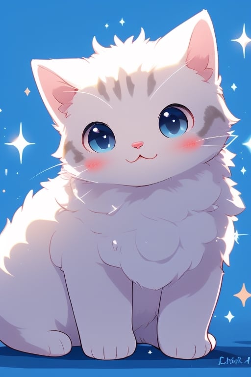 solo, blush, blue eyes, simple background, sitting, artist name, no humans, sparkle, :3, animal, blue background, cat, animal focus,cat,masterpiece