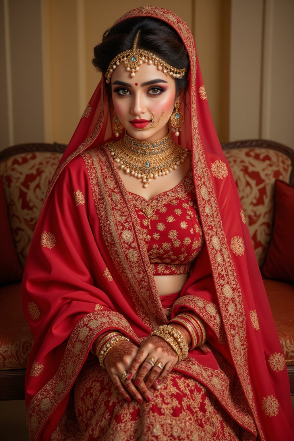 Portrait of a beautiful indian bride wearing red sari and blouse,  full golden work on the sari,  she is sitting and showi...
