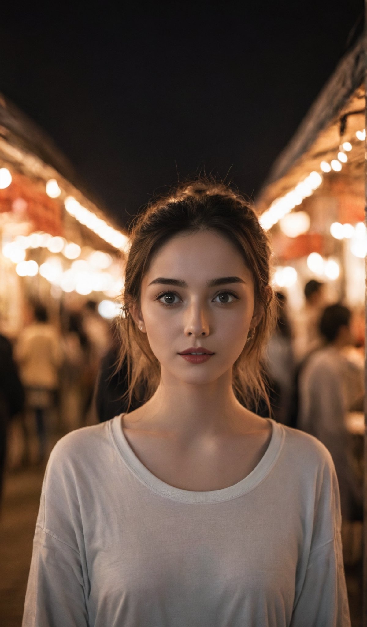 A girl in a dark night market, with illuminated by warm lights. The whole atmosphere seems mysterious. (Cinematic lighting, ethereal light, intricate details, extremely detailed, incredible details, full colored), complex details, hyper maximalist, gorgeous light and shadow, detailed decoration, detailed lines. masterpiece, best quality, HDR, UHD, unreal engine. looking at the camera, fair skin, beautiful face, (beautiful eyes:1.5), perfect eyes, detailed eyes, beautiful nose, dim tones, cute. 