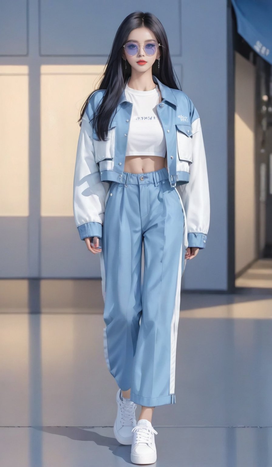 1girl, solo, long hair, looking at viewer, shirt, black hair, navel, standing, jacket, full body, white shirt, shoes, midriff, pants, crop top, shadow, sunglasses, blue jacket, sneakers, cropped jacket