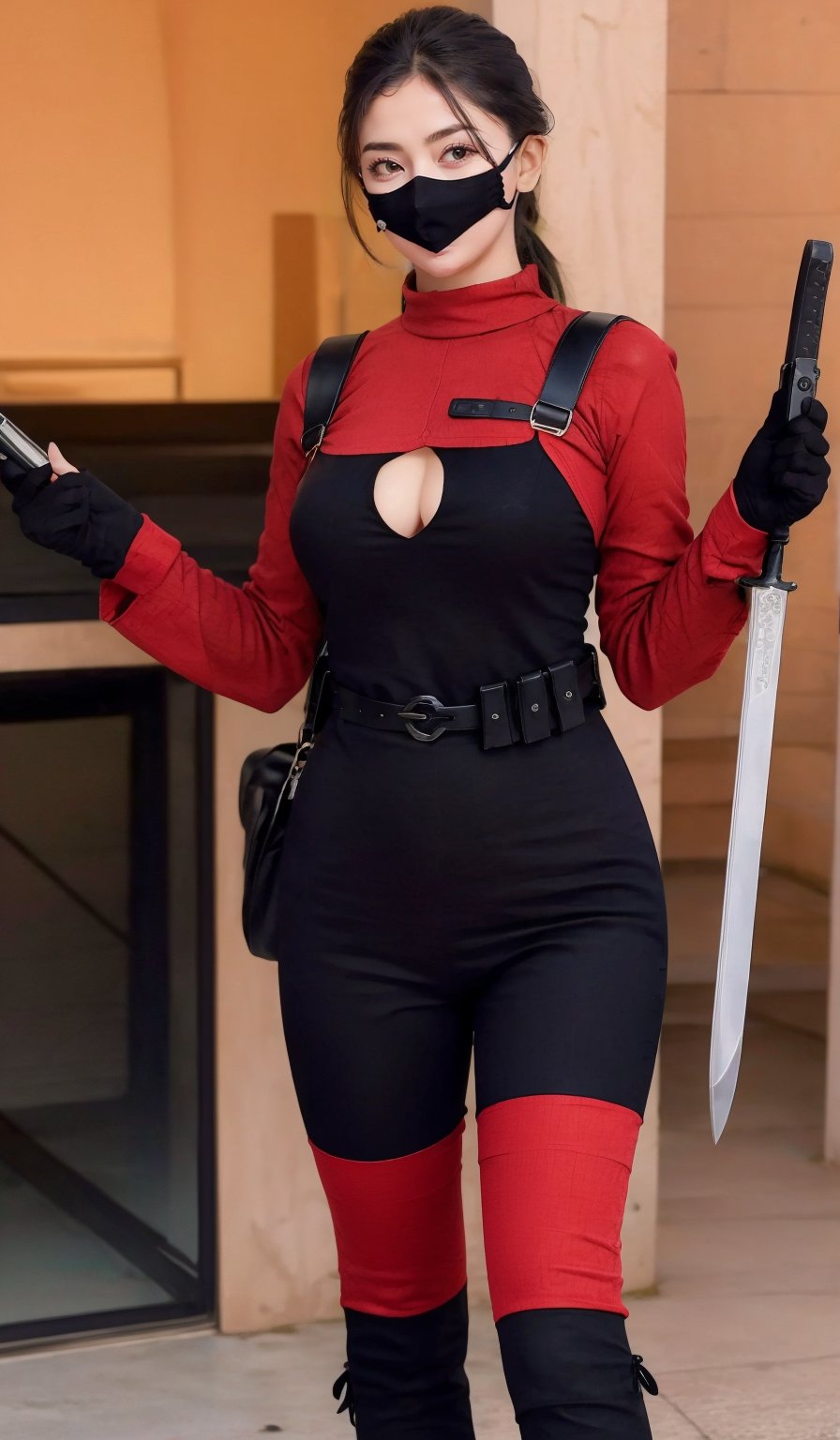 Lady Deadpool costume at home, follow these steps:
Base Suit: Start with a red turtleneck leotard and red leggings. This forms the base of the costume.
Black Accents: Use black fabric or tape to create the signature black patches on the suit. You can cut out shapes and attach them to the red suit.
Mask: Create a mask using red fabric. Cut eye holes and use black fabric or felt for the eye patches. Alternatively, you can buy a pre-made mask.
Accessories: Add fingerless gloves, a black utility belt, and black combat boots.
Weapons: Carry toy swords or guns to complete the look.
For a no-sew option, consider using fabric glue instead of sewing for the accents and mask details