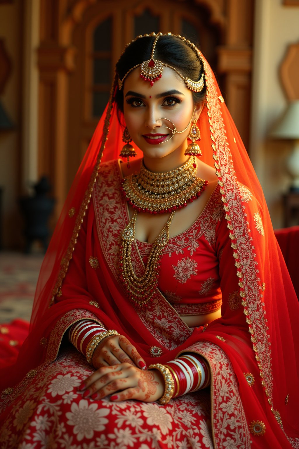 A regal Indian bride sits majestically,  adorned in a stunning red sari with intricate gold embroidery. Her hands and legs...