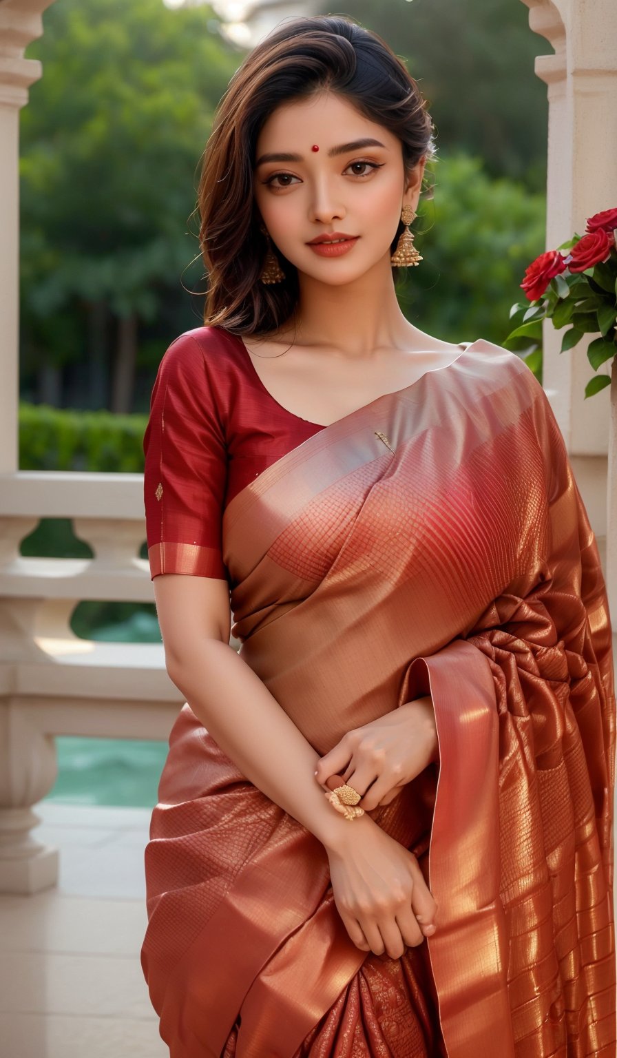 A glamorous and vivid portrait of a radiant Indian woman, draped in a vibrant red saree, tenderly resting on an ornate bed swathed in a cascade of red flowers and arranged into a heart shape. The heart is highlighted by a stunningly soft, ambient light source cast on the wall, casting the word 'LOVE' in delicate, shimmering letters. The intricate details of the woman's delicate features and the beautiful embroidery on her saree create a stunning fashion & design statement in this realistic and highly detailed image.