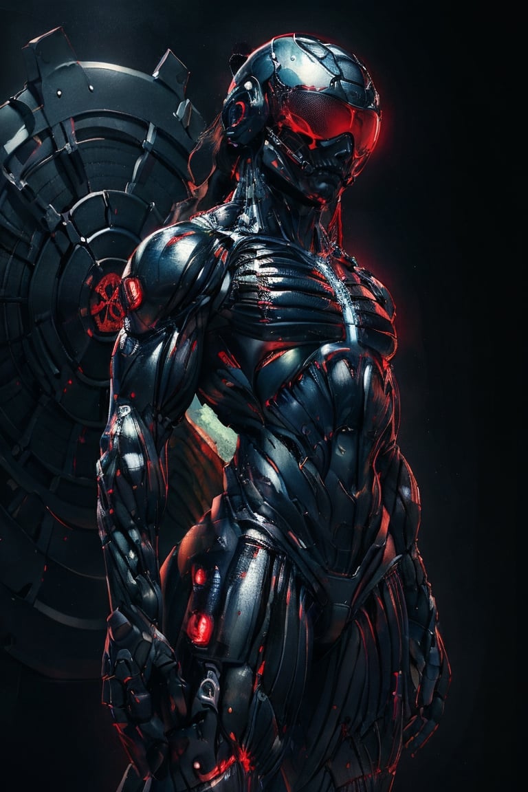 (best quality, ultra-detailed, best illustration, best shadow, masterpiece, high res, professional artwork, famous artwork), man in a (white,blue, bulky colored carbon fiber nanosuit), long floating samurai white ponytail,nanosuit brutul helmet in the shape of skull,futuristic galss visor,red glowing liquid cooling   tubes connected to helmet,black background,angry brows  