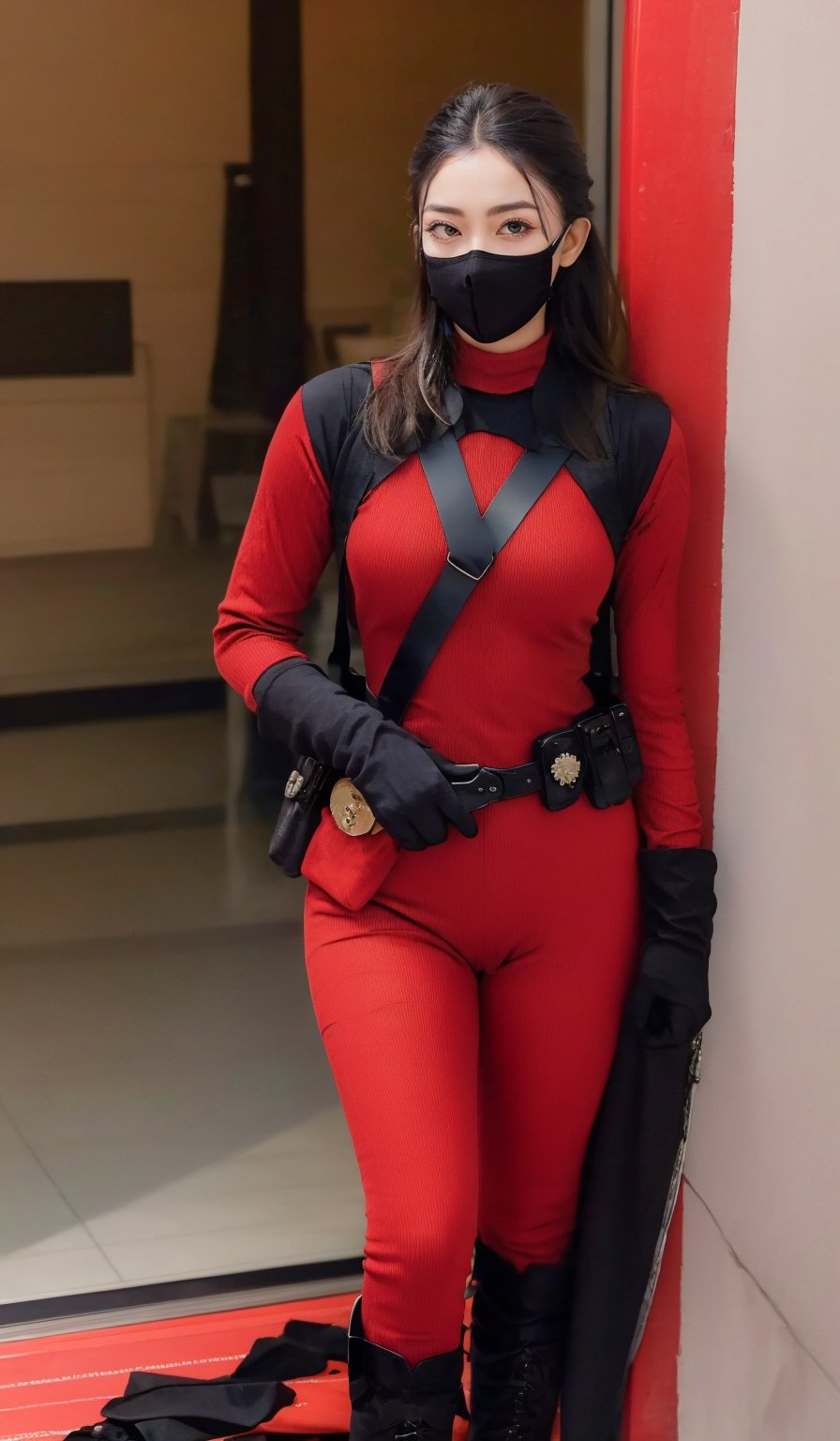 Lady Deadpool costume at home, follow these steps:
Base Suit: Start with a red turtleneck leotard and red leggings. This forms the base of the costume.
Black Accents: Use black fabric or tape to create the signature black patches on the suit. You can cut out shapes and attach them to the red suit.
Mask: Create a mask using red fabric. Cut eye holes and use black fabric or felt for the eye patches. Alternatively, you can buy a pre-made mask.
Accessories: Add fingerless gloves, a black utility belt, and black combat boots.
Weapons: Carry toy swords or guns to complete the look.
For a no-sew option, consider using fabric glue instead of sewing for the accents and mask details