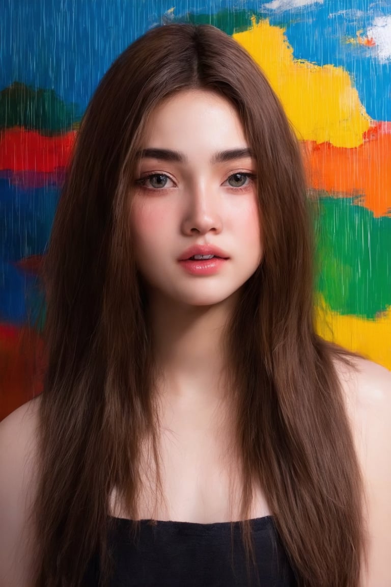 (((score_9, score_8_up, score_7_up, best quality, 4K, 8K, high-resolution, masterpiece, ultra-detailed, realistic, photorealistic, soft light, full-body_portrait))),(((1girl, solo, long hair, looking at viewer, brown hair, closed mouth, upper body, mole, lips, colorful abstract paint on the wall behind her. water color, rain ))),(((high resolution, extremely sharp, ultra-real, extremely detailed, an ultra-realistic photograph captured with a Sony α7 III camera, equipped with an 85mm lens, depicting, The image, taken in high resolution.))) 