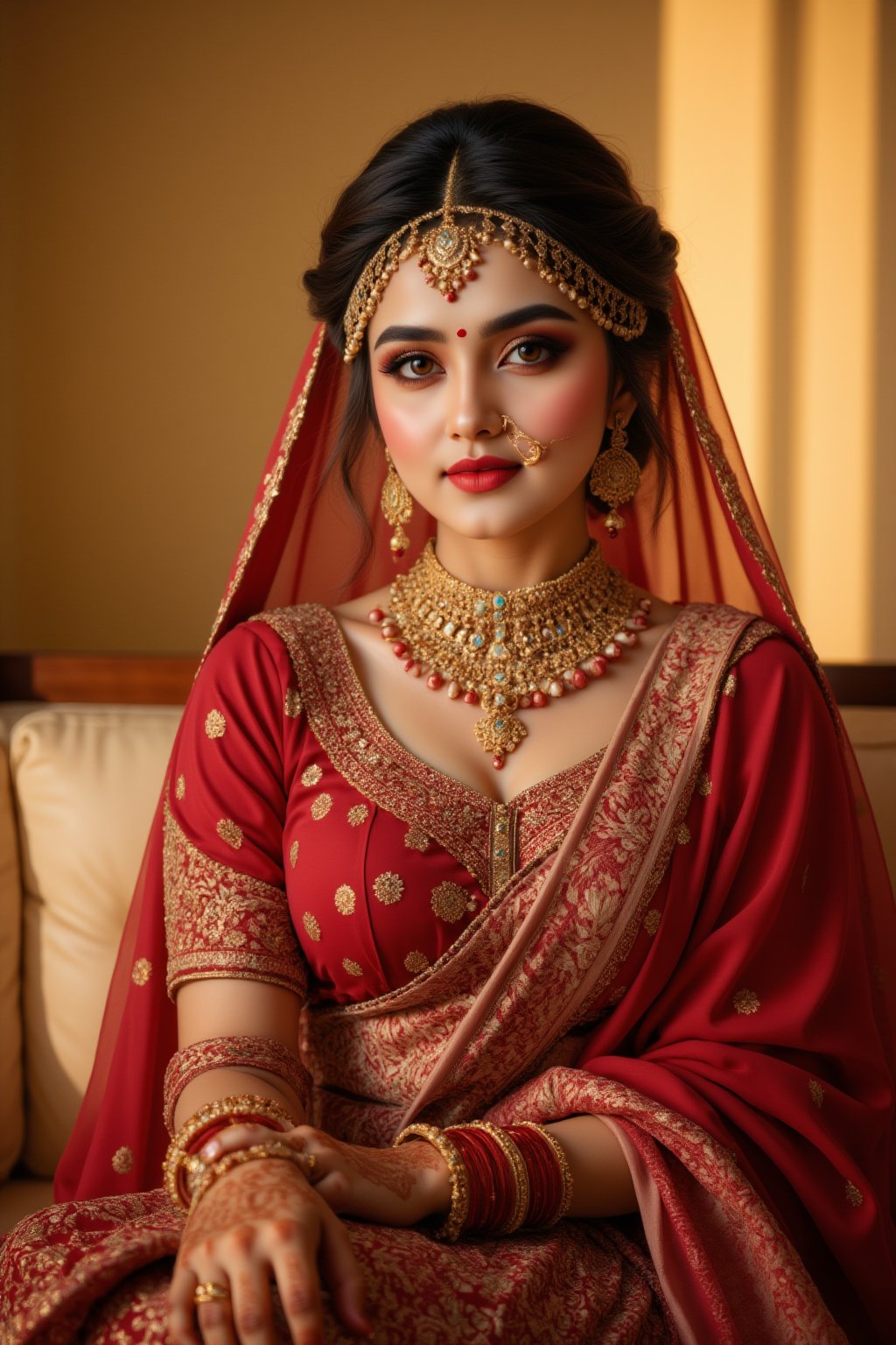 A regal Indian bride sits majestically,  adorned in a stunning red sari with intricate gold embroidery. Her hands and legs...