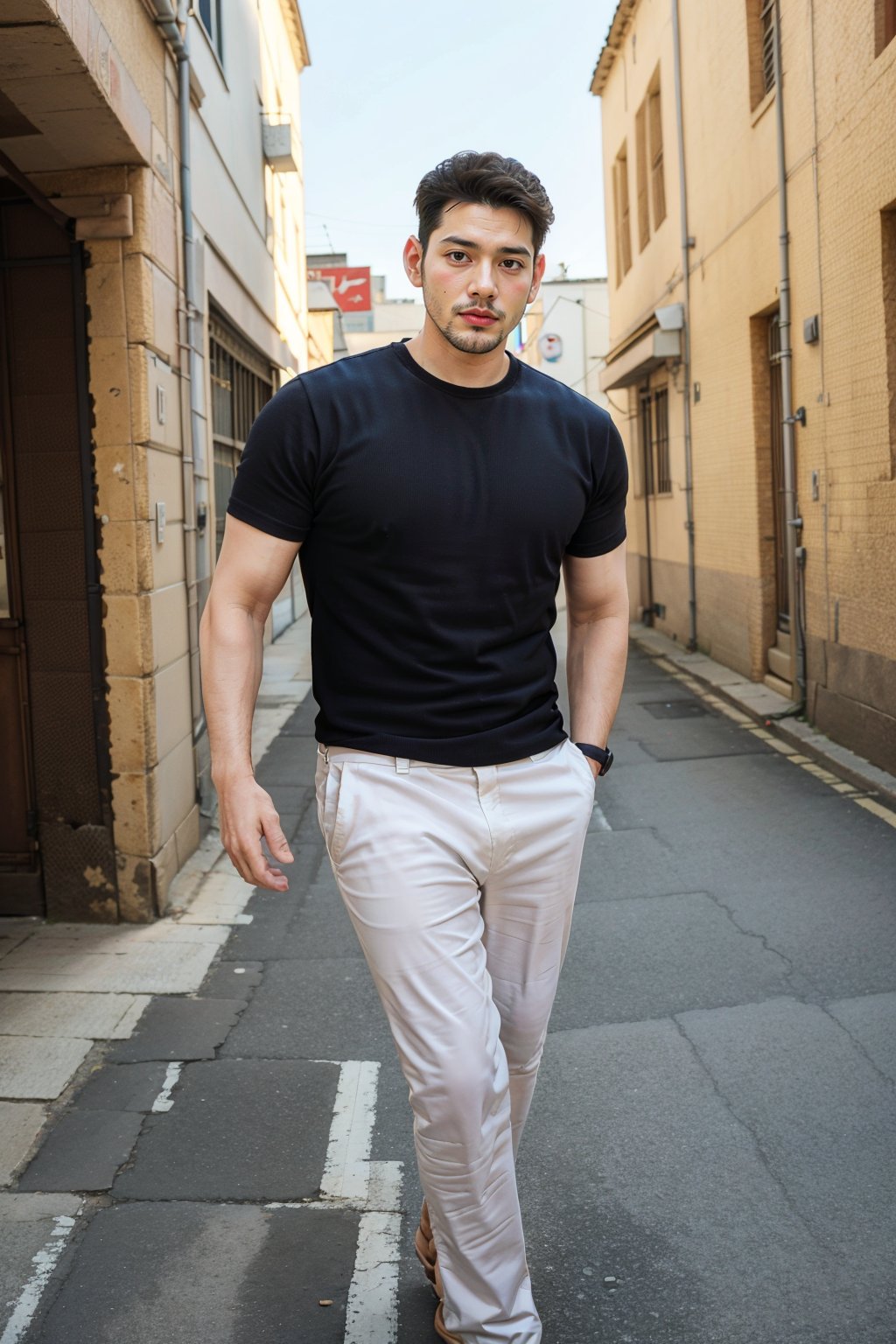 solo, looking at viewer, short hair, shirt, black hair, 1boy, standing, short sleeves, male focus, outdoors, sky, day, tongue, pants, black shirt, facial hair, t-shirt, building, beard, watch, realistic, white pants, hands in pockets, mustache, wristwatch, photo background