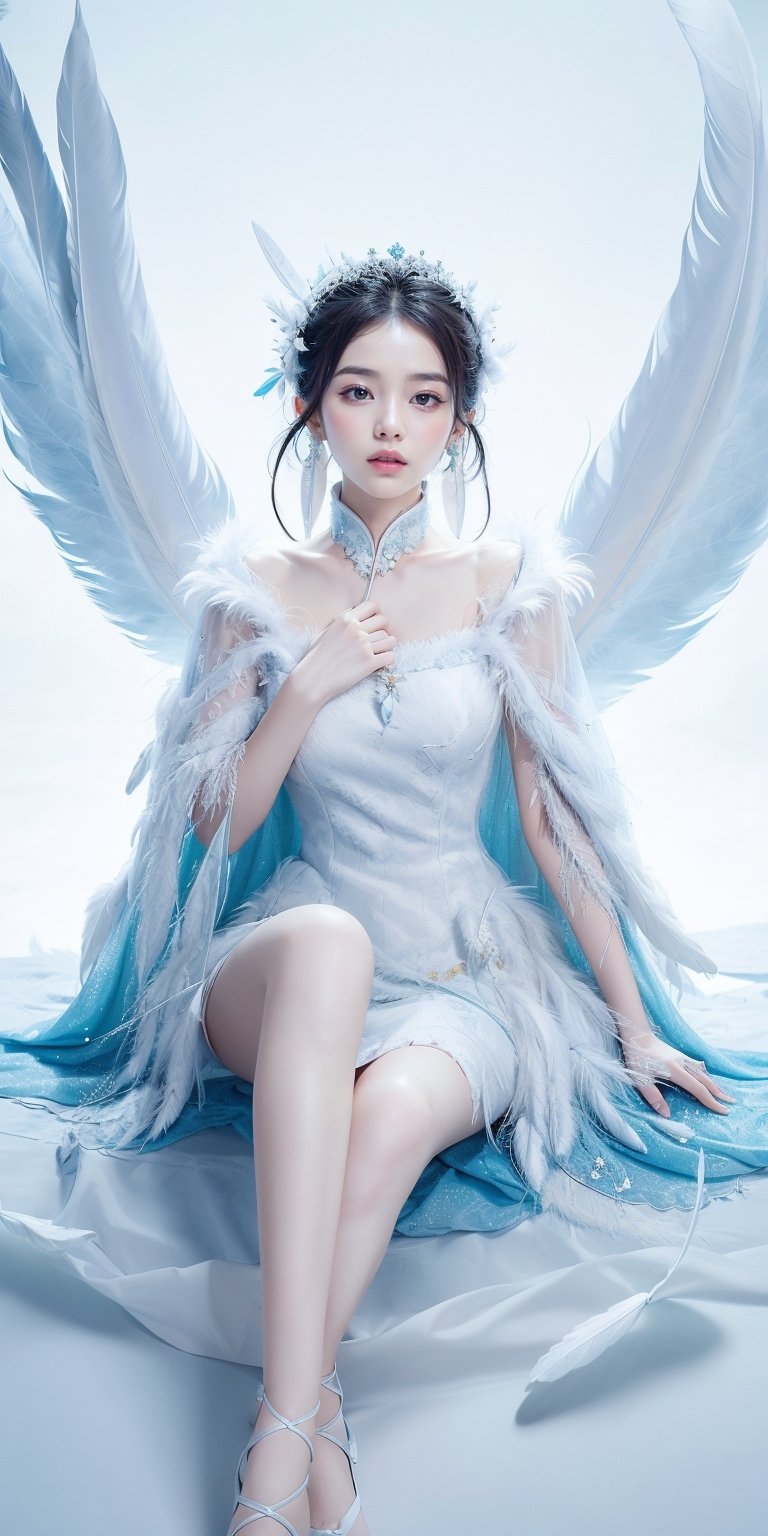 masterpiece, top quality, (arafed woman in a blue dress sitting on the floor that full of white feathers, ethereal beauty, wearing a feather dress, ethereal fantasy, xianxia fantasy, ethereal fairytale, dress made of feathers, blue feathers, incredibly ethereal, soft feather, fantasy beautiful, full body made of white feathers, jingna zhang, white feathers, chinese fantasy, a stunning young ethereal figure), extreme detailed, (abstract, fractal art:1.3), isometric, highest detailed, (feather), ghost.,1 girl,realhands