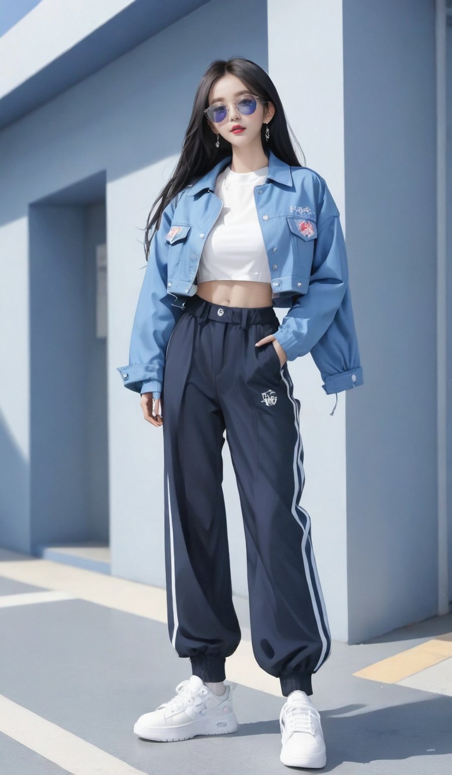 1girl, solo, long hair, looking at viewer, shirt, black hair, navel, standing, jacket, full body, white shirt, shoes, midriff, pants, crop top, shadow, sunglasses, blue jacket, sneakers, cropped jacket