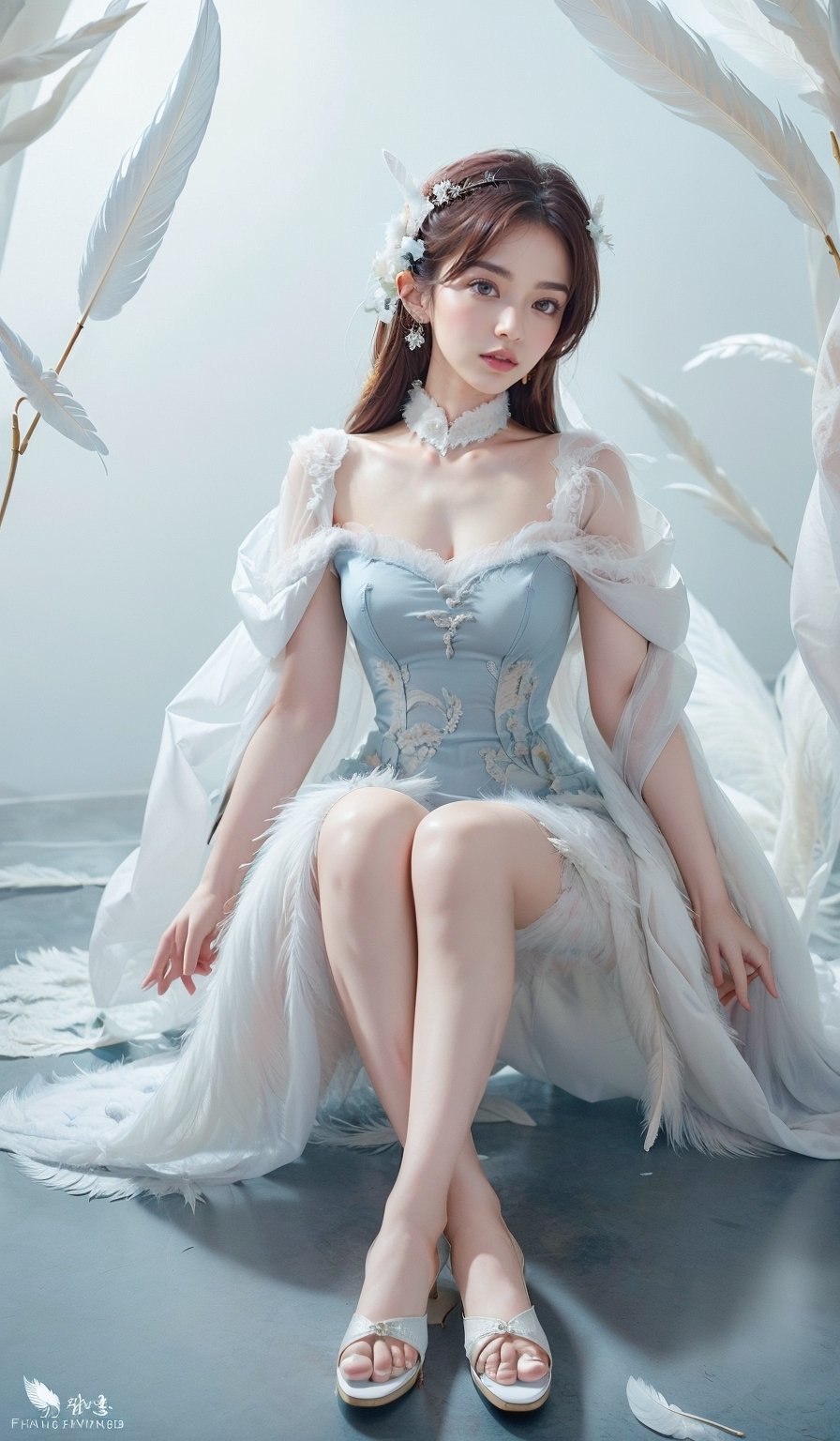 masterpiece, top quality, (arafed woman in a blue dress sitting on the floor that full of white feathers, ethereal beauty, wearing a feather dress, ethereal fantasy, xianxia fantasy, ethereal fairytale, dress made of feathers, blue feathers, incredibly ethereal, soft feather, fantasy beautiful, full body made of white feathers, jingna zhang, white feathers, chinese fantasy, a stunning young ethereal figure), extreme detailed, (abstract, fractal art:1.3), isometric, highest detailed, (feather), ghost.,1 girl,realhands