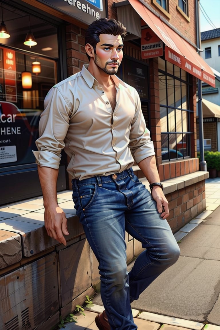 solo, looking at viewer, short hair, shirt, black hair, 1boy, white shirt, male focus, striped, collared shirt, pants, facial hair, denim, beard, jeans, striped shirt, realistic, stubble, blue pants