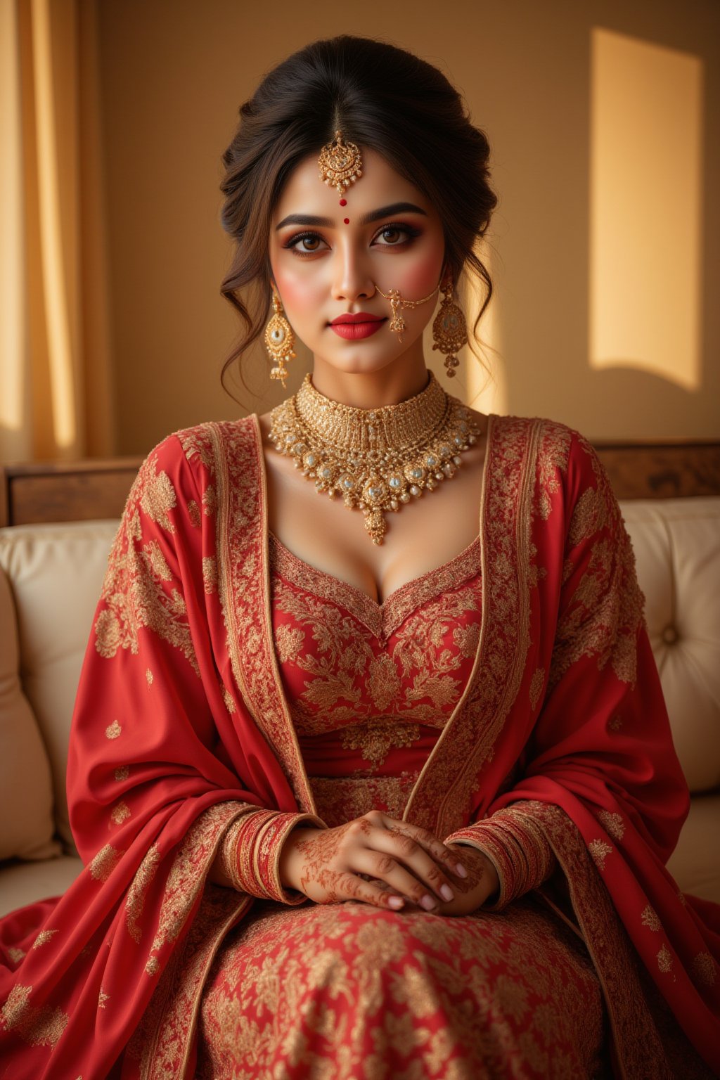 A regal Indian bride sits majestically,  adorned in a stunning red sari with intricate gold embroidery. Her hands and legs...
