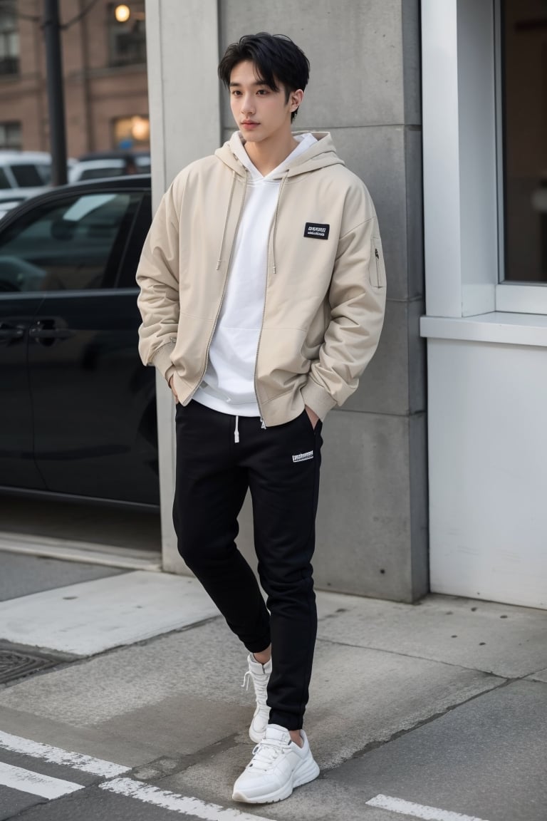 solo, short hair, black hair, 1boy, standing, jacket, full body, male focus, outdoors, shoes, day, pants, hood, hoodie, black pants, white footwear, hood down, building, sneakers, hands in pockets, white hoodie