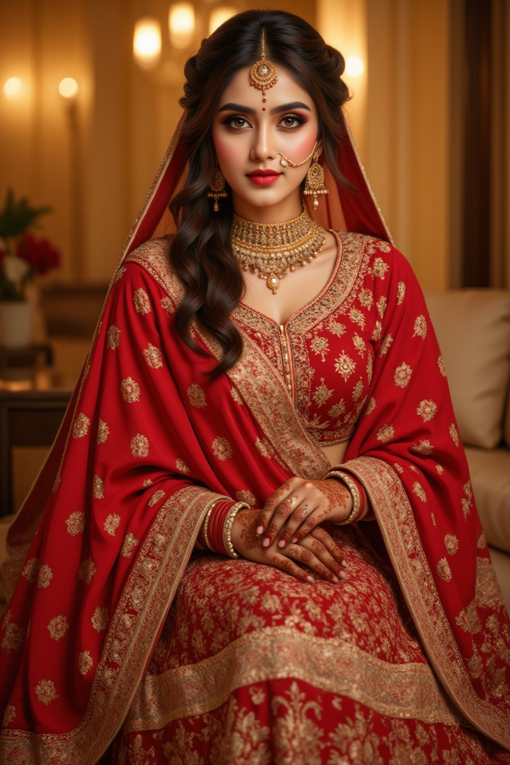 A regal Indian bride sits majestically,  adorned in a stunning red sari with intricate gold embroidery. Her hands and legs...