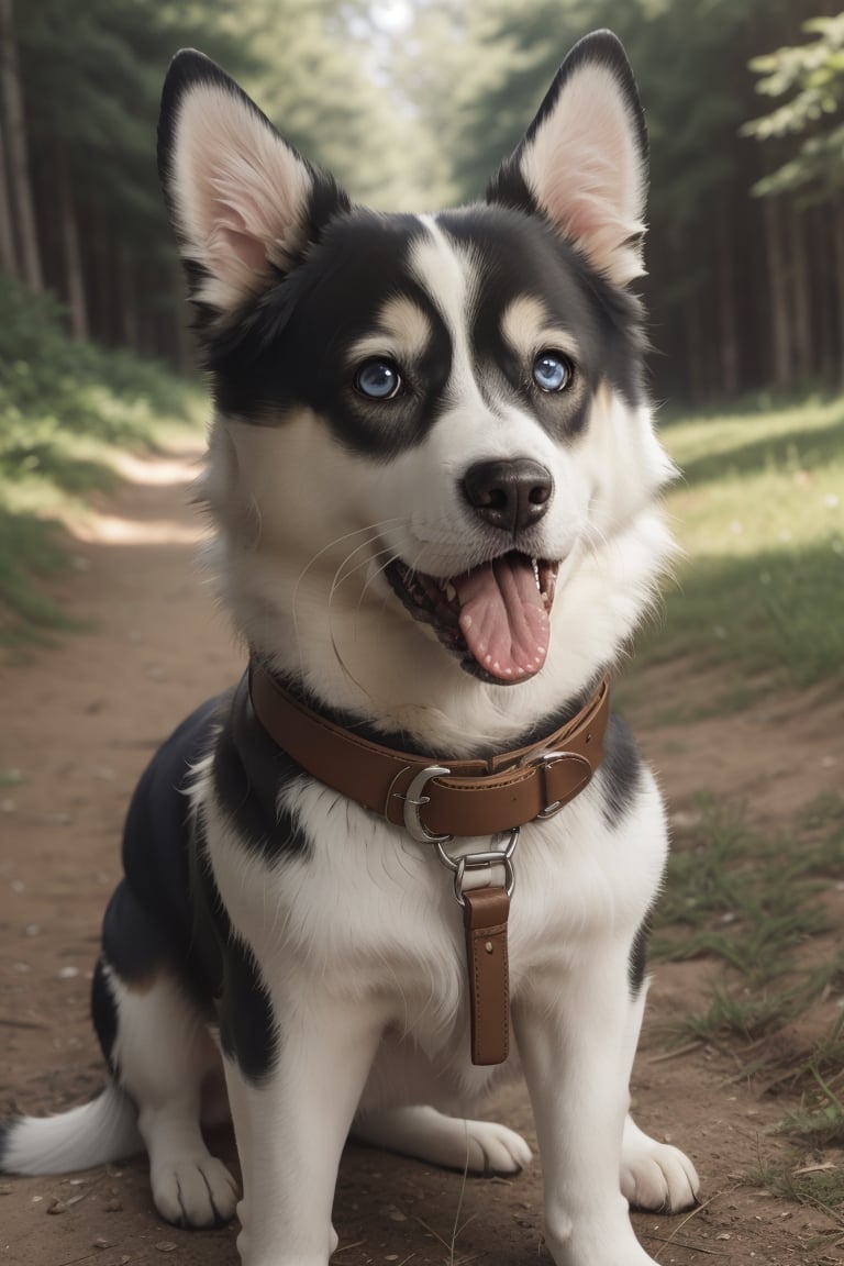 looking at viewer, blue eyes, outdoors, day, tongue, collar, no humans, animal, dog, realistic, animal focus, @imageized