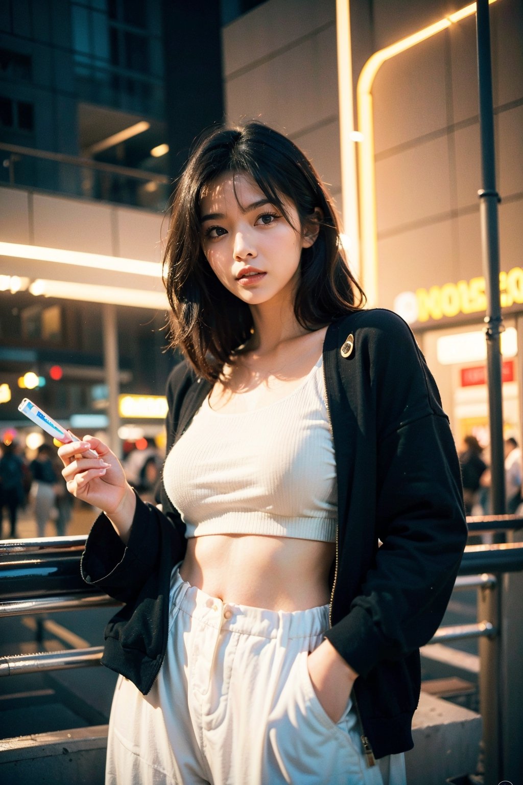 flat illustration of beautiful young woman weared in casual cute outfit, background and drawning in Tim Berton style, close interweaving of realism and symbolism in cyberpunk style, pale neon lighting, dark shadows. aesthetic and beautiful picture, winner of various awards, trending on popular magazines, creative masterpiece, @imageized