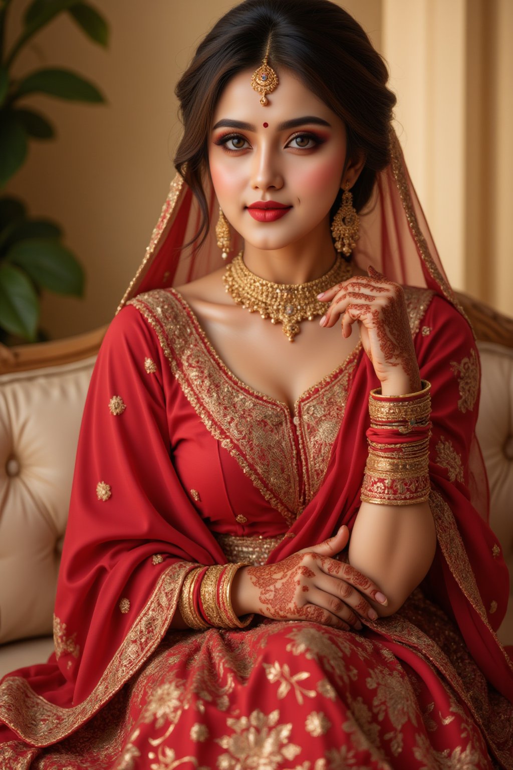 Portrait of a beautiful indian bride wearing red sari and blouse,  full golden work on the sari,  she is sitting and showi...