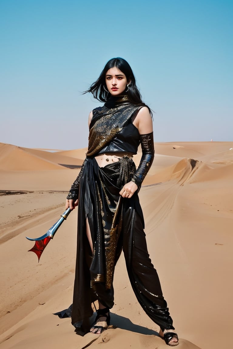 A striking portrait of a female Fremen warrior standing defiantly against the unforgiving sands of Arrakis. Clad in intricately designed, sand-resistant armor, she exudes determination and strength. Her gaze pierces through the vast expanse of dunes, where hidden threats lurk. The swirling sands create a dynamic movement around her, highlighting her poised posture. Wielding a glistening crysknife, which reflects the scorching sunlight, she embodies the duality of weapon and survival tool. This portrait encapsulates the unwavering resilience and prowess of a fierce woman, a warrior navigating the treacherous yet breathtaking wilderness of Frank Herbert's Dune universe.