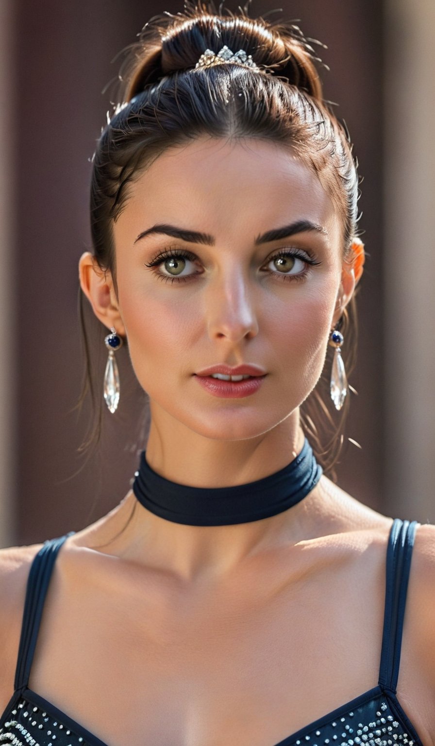 A close-up shot of an Eastern European sportswoman wearing sheer lycra attire, her dark locks tied into a sleek bun. A cascade of long earrings adorns her neck as she gazes directly at the camera, exuding confidence and poise. The framing highlights her toned physique, with a shallow depth-of-field emphasizing the sparkling jewelry.