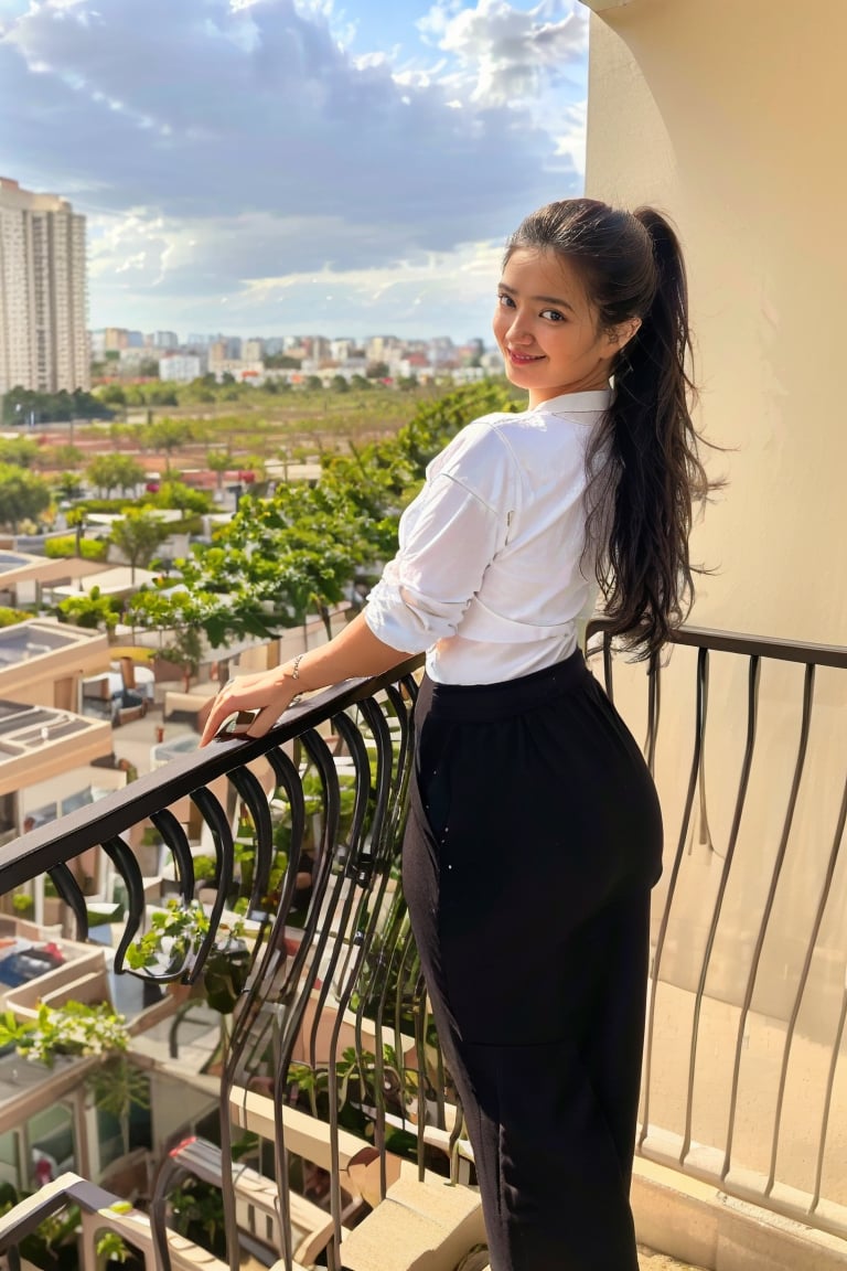 1girl, solo, long hair, looking at viewer, smile, skirt, shirt, black hair, standing, ponytail, heart, outdoors, sky, barefoot, day, looking back, cloud, black skirt, building, scenery, city, realistic, railing, cityscape, photo background, balconyA young woman stands confidently outdoors during the day, her long, wavy brown hair cascading down her back. She's looking directly at the viewer, her full lips curved into a subtle smile. Her white shirt is paired with fitted pants and a matching belt, creating a streamlined silhouette. A tree looms in the background, its trunk visible through the fence railing of a nearby building. Sunglasses perch atop her forehead, adding a touch of effortless cool to her overall demeanor.