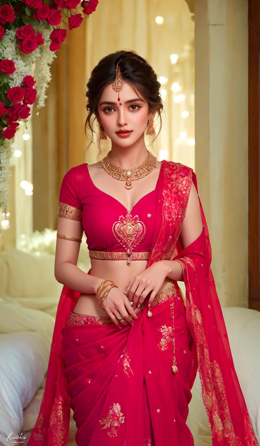 A glamorous and vivid portrait of a radiant Indian woman, draped in a vibrant red saree, tenderly resting on an ornate bed swathed in a cascade of red flowers and arranged into a heart shape. The heart is highlighted by a stunningly soft, ambient light source cast on the wall, casting the word 'LOVE' in delicate, shimmering letters. The intricate details of the woman's delicate features and the beautiful embroidery on her saree create a stunning fashion & design statement in this realistic and highly detailed image.