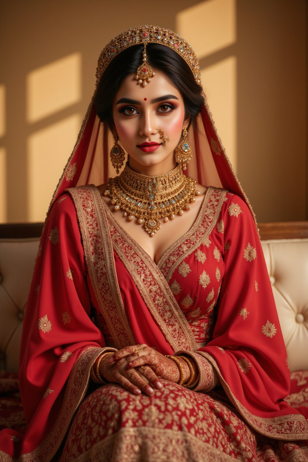A regal Indian bride sits majestically,  adorned in a stunning red sari with intricate gold embroidery. Her hands and legs...