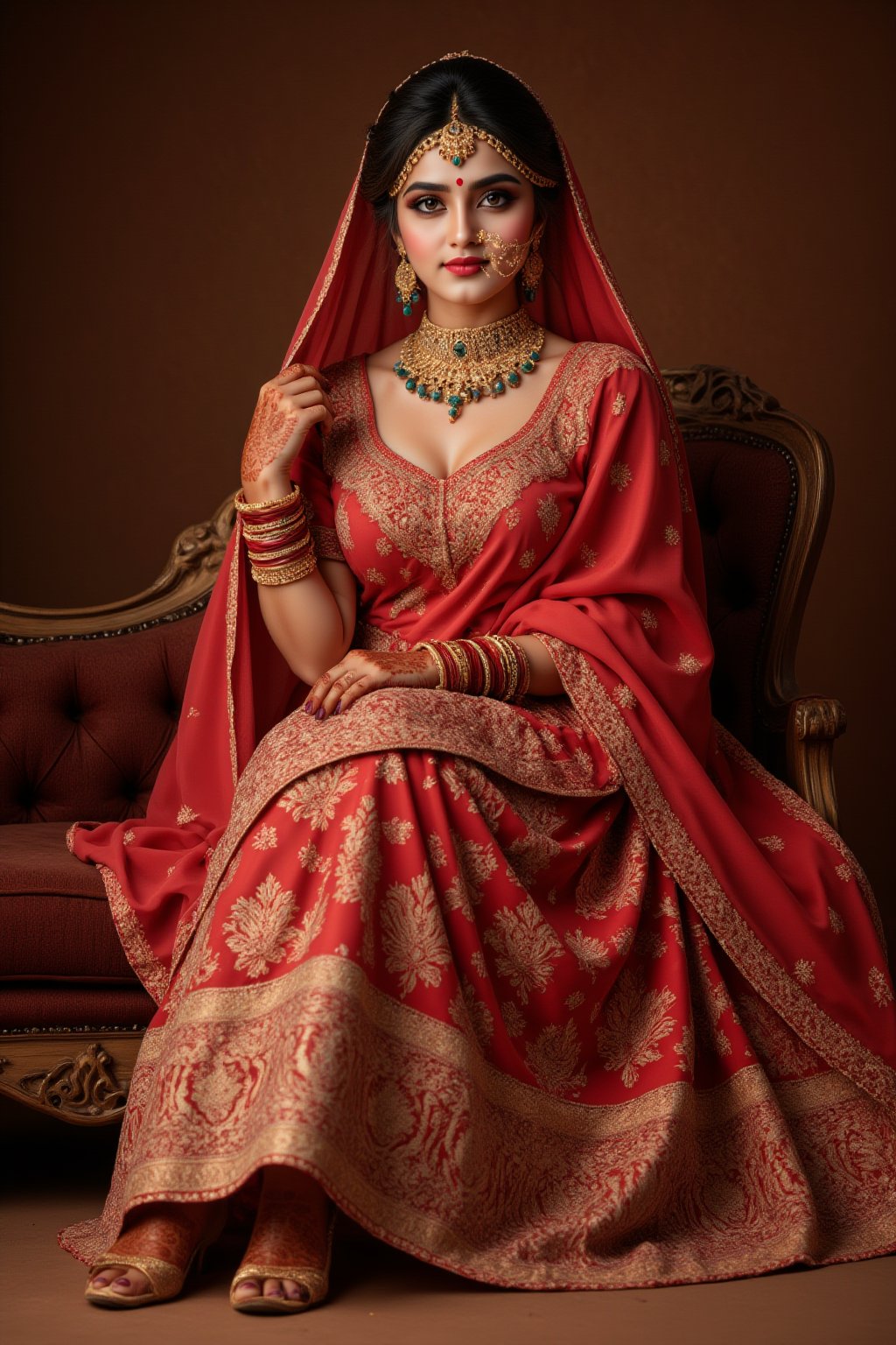 A majestic Indian bride sits regally against a rich,  opalescent-saturated chocolate backdrop,  her scarlet sari embroider...