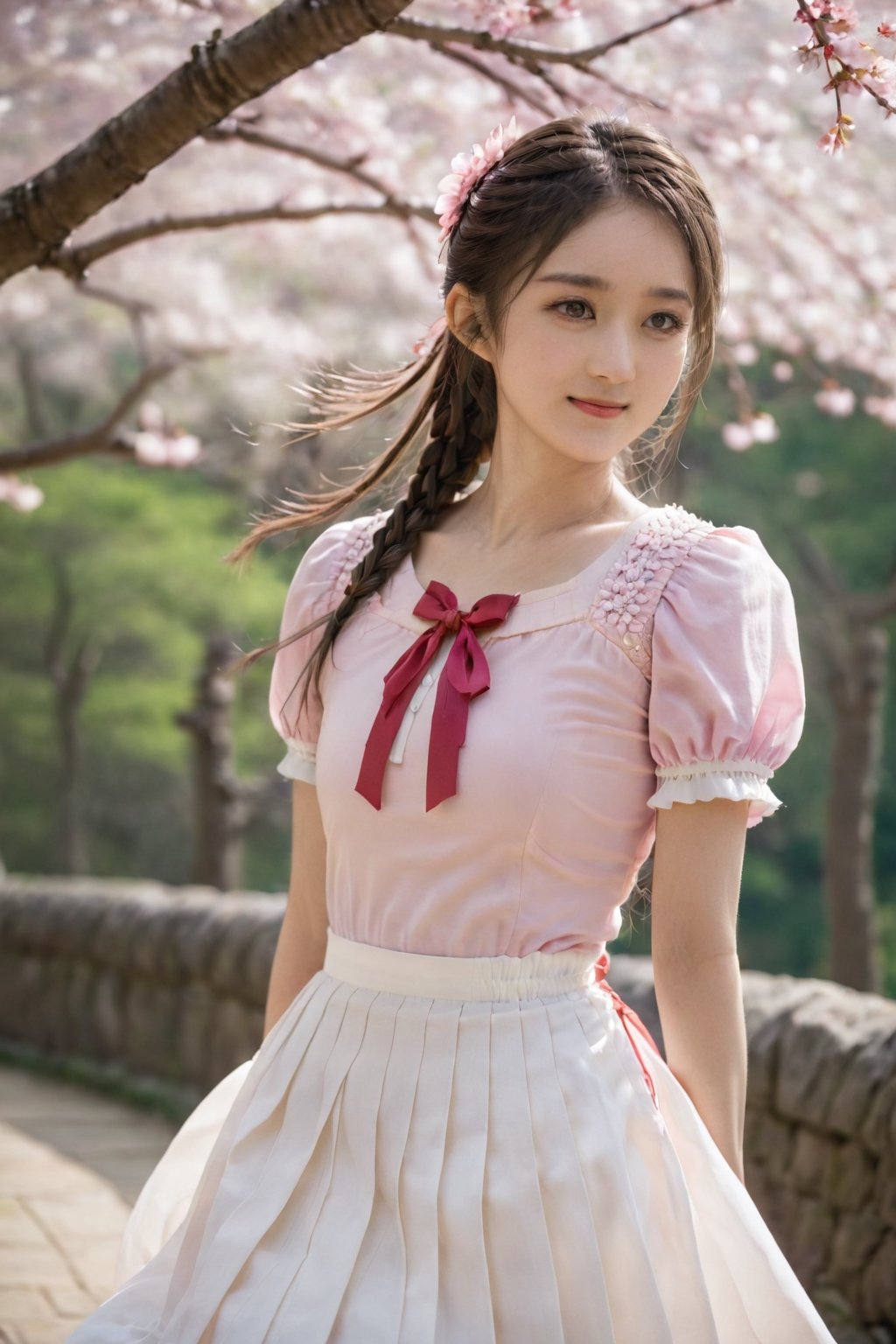 masterpiece, best quality, highres, chi1, 1girl, long hair, braid, one side up, solo, white skirt, red ribbon, pink shirt, pleated skirt, bangs, neck ribbon, puffy short sleeves, , arms behind back, leaning forward, smile, cherry blossoms, outdoors,