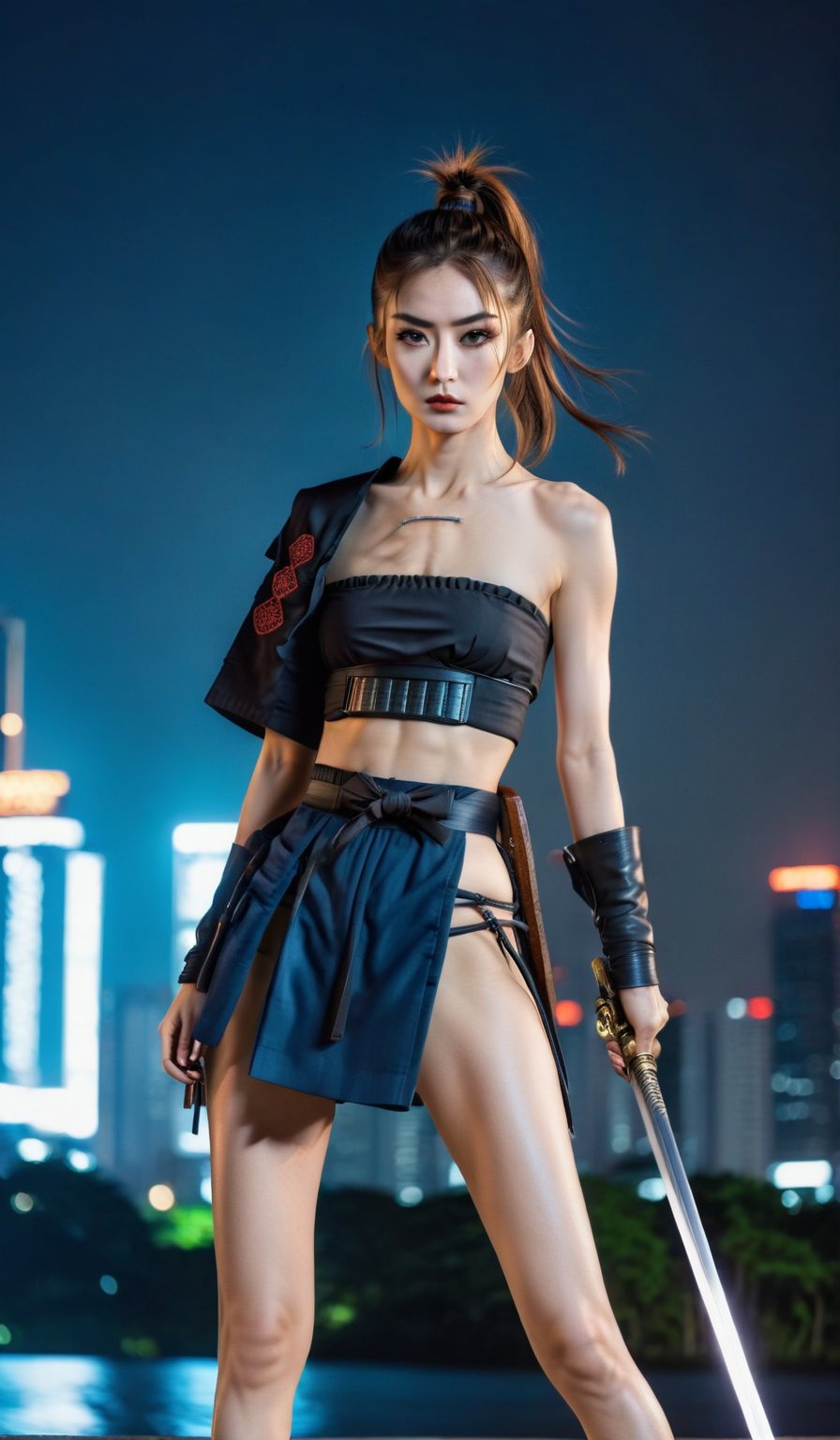 
A slender athletic girl with long legs, very high-heeled shoes, in her hand a long samurai katana sword, hair tied in a ponytail, in the style of Japanese cyberpunk, in Bangkok, photo below, in the style of Christopher Nolan, high quality photography, in an epic pose 