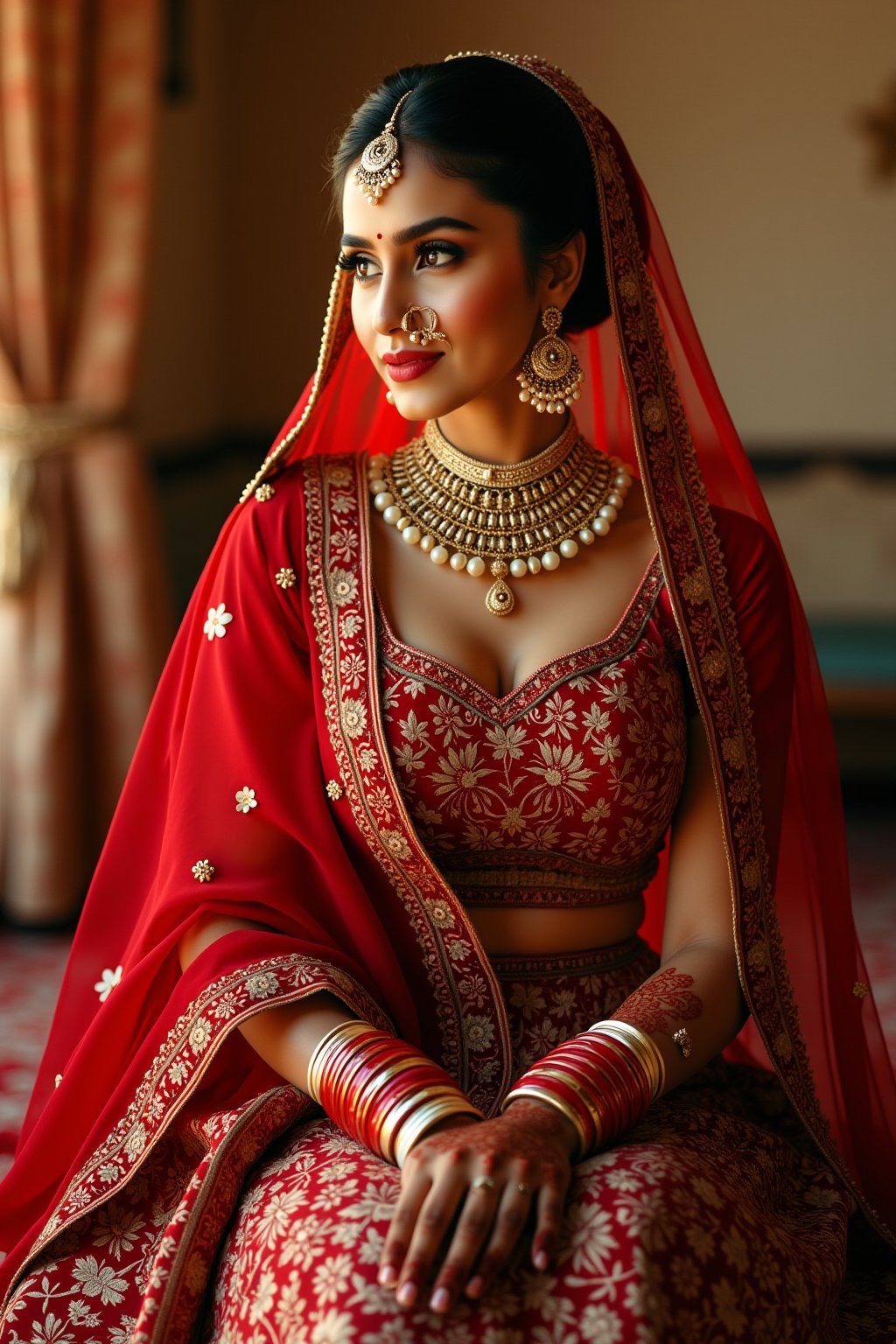 A regal Indian bride sits majestically,  adorned in a stunning red sari with intricate gold embroidery. Her hands and legs...