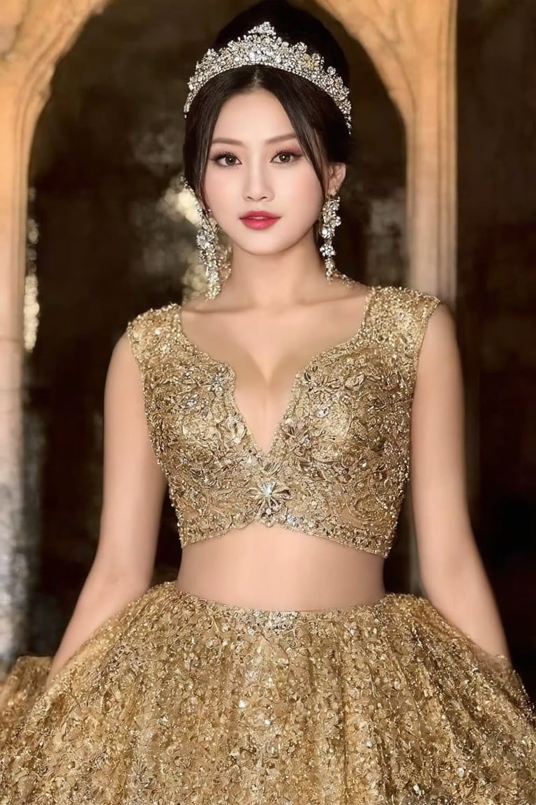 Masterpiece, high quality, 4K, beautiful design, shiny, from the front, award winning photo, extremely detailed, amazing, fine detail, absurdres, highly detailed woman, extremely detailed eyes and face,  solo, 1girl, babe, glossy, big , wifs, sparkling fabric, incrusted with jewels, visible midriff , woman wearing a wifs, posing inside a castle with an oriental architecture, golden embroidery,  