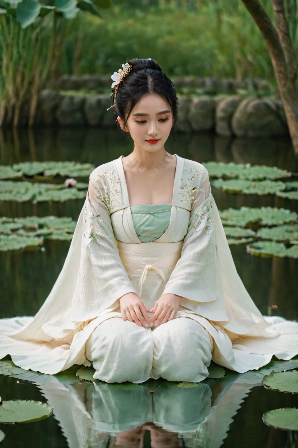 1girl, solo, black hair, long sleeves, dress, sitting, full body, flower, artist name, wide sleeves, hair bun, white dress, leaf, single hair bun, own hands together, red lips, lily pad, lotus, hanfu