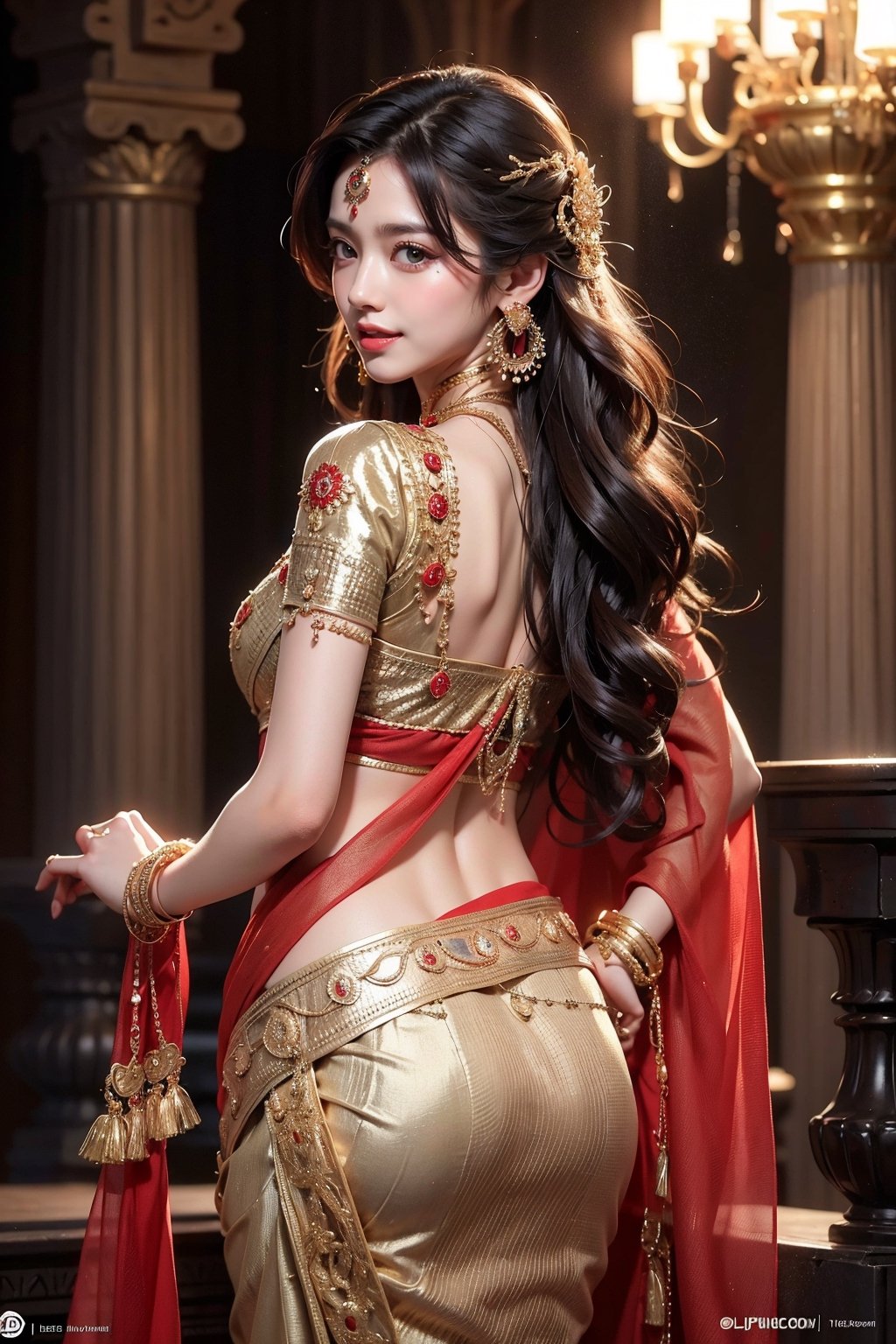 1girl, solo, long hair, looking at viewer, smile, black hair, dress, holding, brown eyes, jewelry, standing, earrings, looking back, from behind, saree, realistic, red lips,Realistic