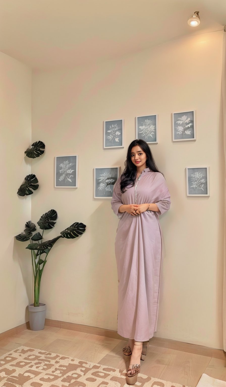 The image shows a woman in a home setting, dressed casually. The background is a room with neutral colors, decorated with framed botanical prints and a plant, suggesting a personal space designed for comfort and aesthetic appeal.