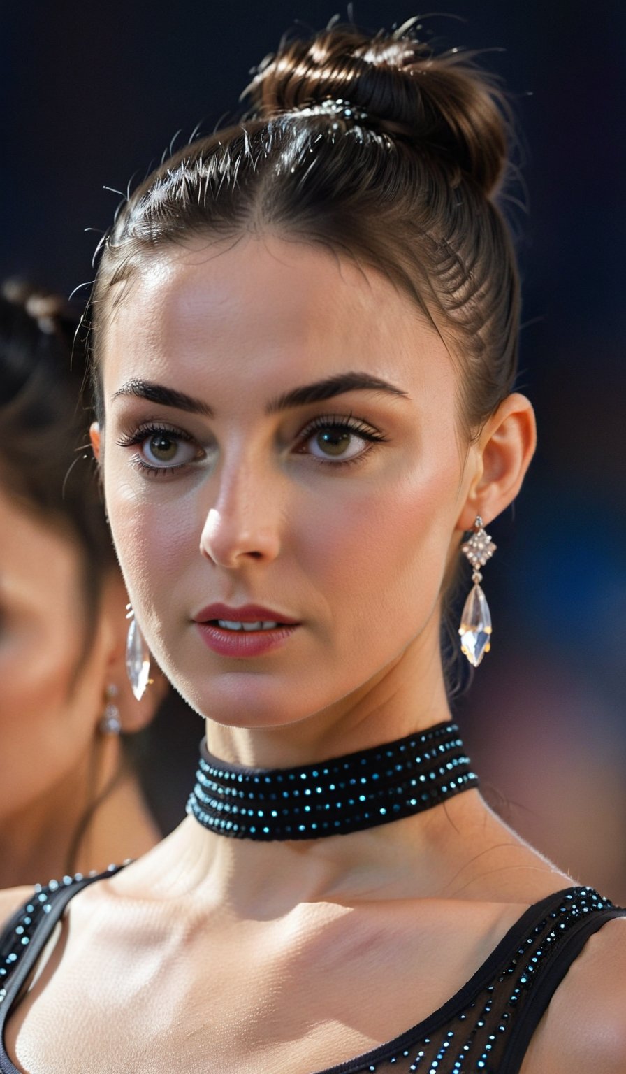 A close-up shot of an Eastern European sportswoman wearing sheer lycra attire, her dark locks tied into a sleek bun. A cascade of long earrings adorns her neck as she gazes directly at the camera, exuding confidence and poise. The framing highlights her toned physique, with a shallow depth-of-field emphasizing the sparkling jewelry.