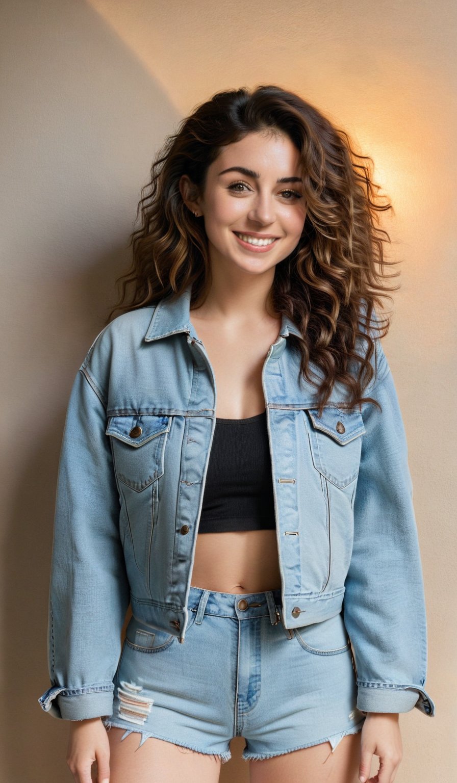 An image of a woman with voluminous wavy hair, standing confidently and smiling at the camera. She is wearing a light denim jacket with rolled sleeves, a black crop top, and high-waisted denim shorts. Her right hand rests on her hip, and her left arm is relaxed at her side. The setting is simple, with soft lighting that highlights her friendly demeanor and casual style.