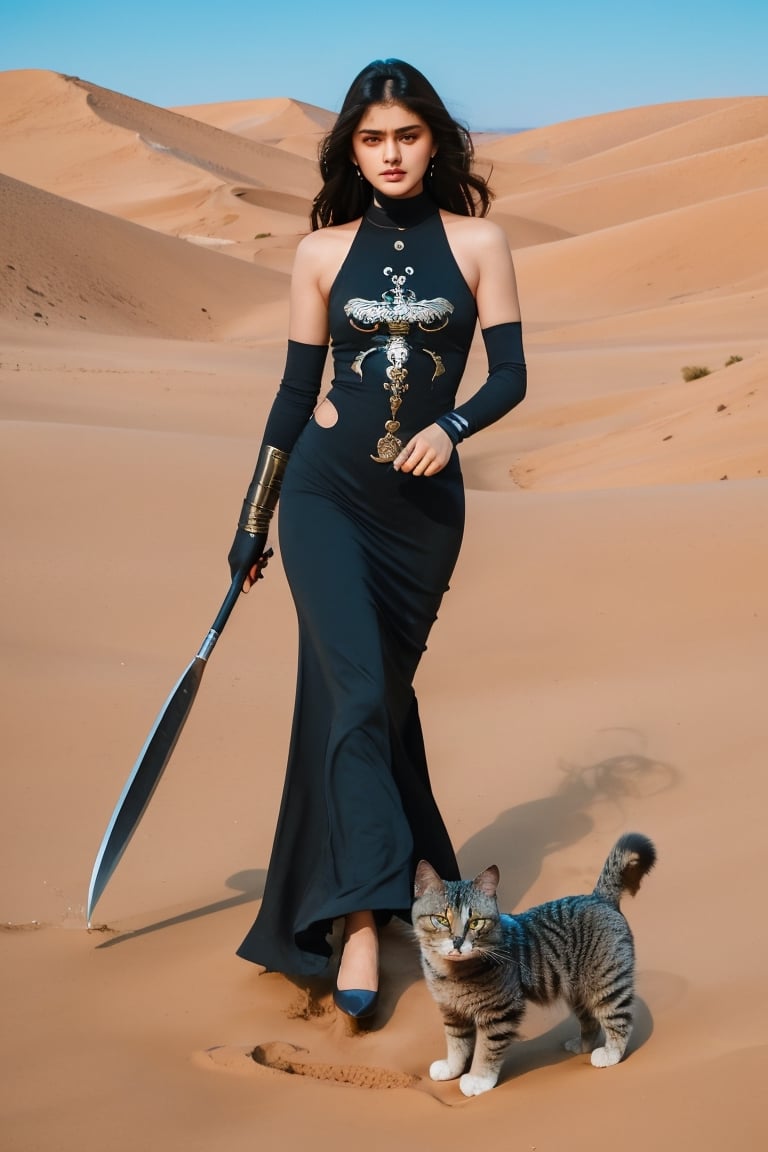 A striking portrait of a female Fremen warrior standing defiantly against the unforgiving sands of Arrakis. Clad in intricately designed, sand-resistant armor, she exudes determination and strength.Pet_cat walking with her. Her gaze pierces through the vast expanse of dunes, where hidden threats lurk. The swirling sands create a dynamic movement around her, highlighting her poised posture. Wielding a glistening crysknife, which reflects the scorching sunlight, she embodies the duality of weapon and survival tool. This portrait encapsulates the unwavering resilience and prowess of a fierce woman, a warrior navigating the treacherous yet breathtaking wilderness of Frank Herbert's Dune universe.