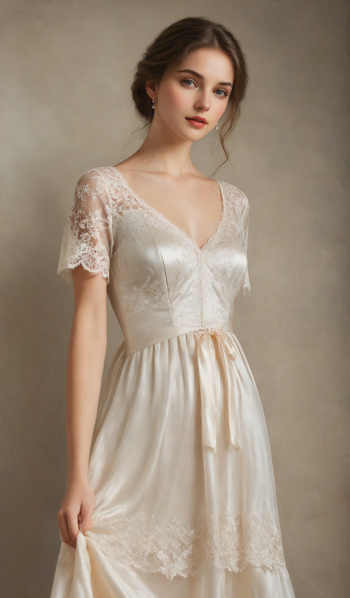 A stunningly beautiful girl, dressed in refined European clothing, is depicted in the height of summer's glow. Embrace the warmth and sophistication with a realistic and detailed composition, immersing the viewer in the exquisite textures of silk, satin, and lace, as they capture the timeless elegance of this enchanting moment.