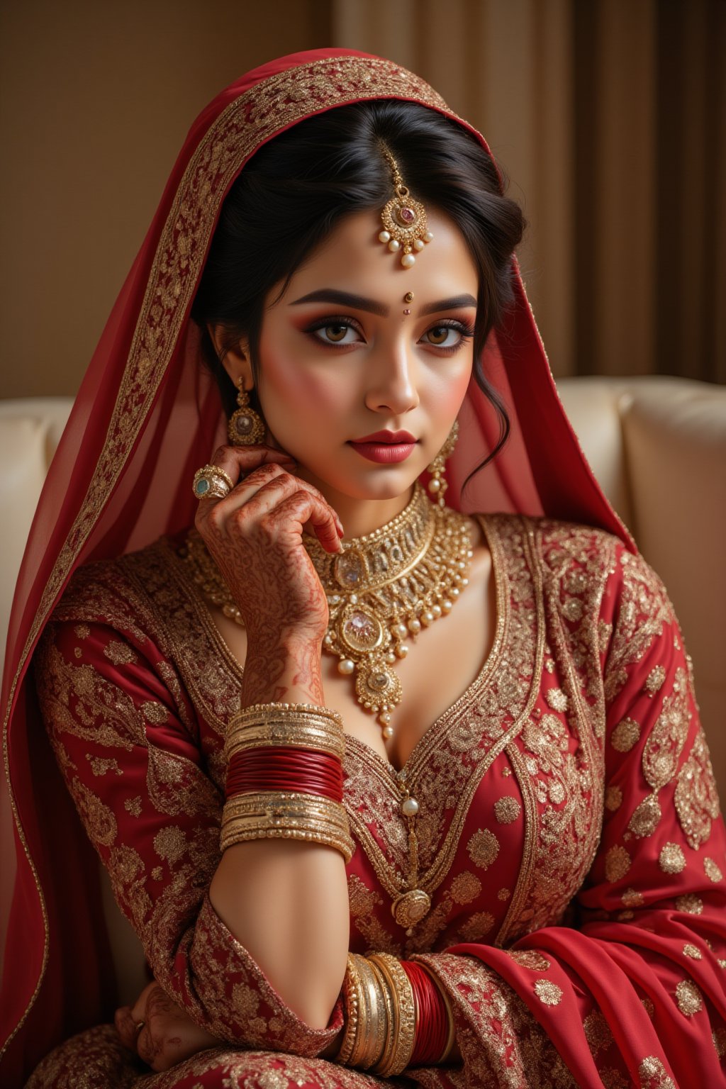 A richly embellished portrait of an elegant Indian bride,  draped in a resplendent red sari adorned with golden work. She...