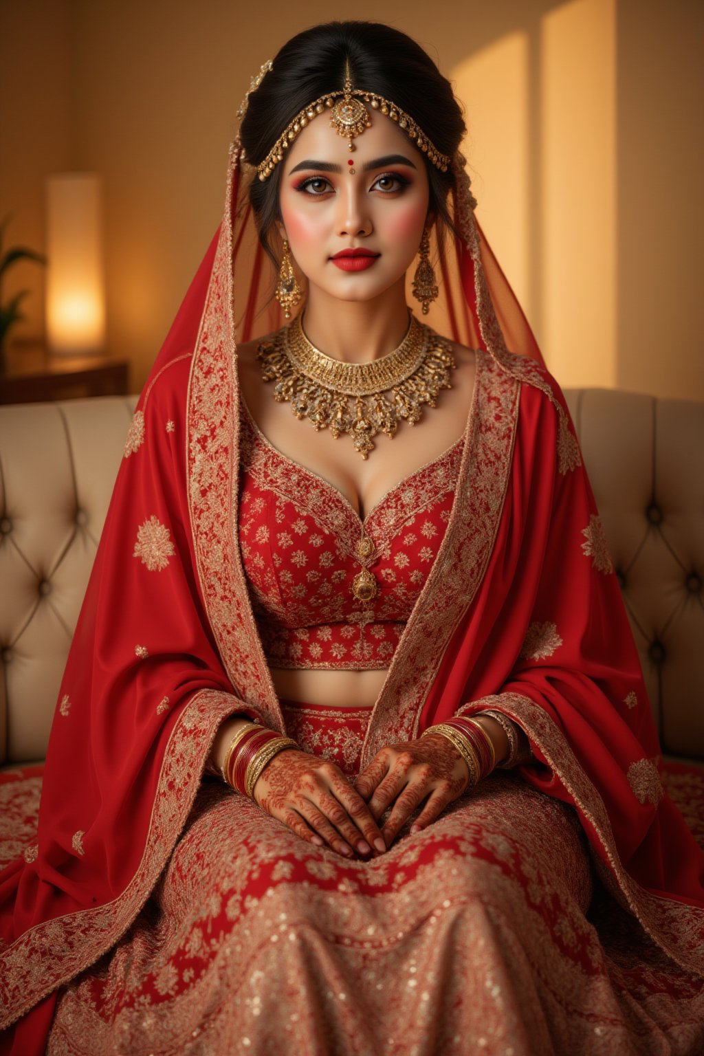 A regal Indian bride sits majestically,  adorned in a stunning red sari with intricate gold embroidery. Her hands and legs...