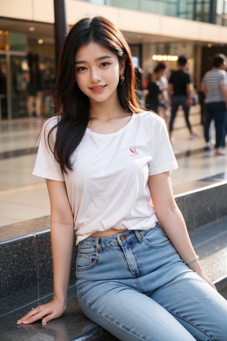 1girl, solo, long hair, looking at viewer, smile, shirt, black hair, jewelry, sitting, short sleeves, pants, dark skin, bracelet, facial hair, denim, jeans, realistic, @imageized