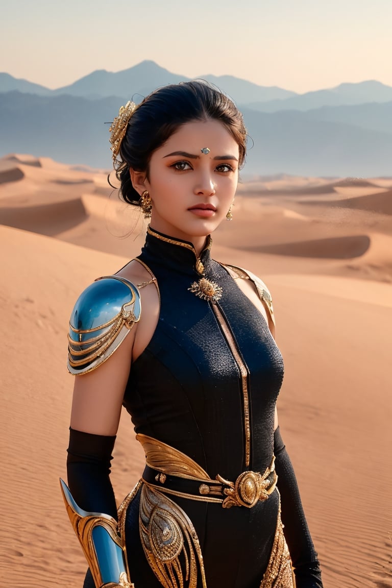 A striking portrait of a female Fremen warrior standing defiantly against the unforgiving sands of Arrakis. Clad in intricately designed, sand-resistant armor, she exudes determination and strength. Her gaze pierces through the vast expanse of dunes, where hidden threats lurk. The swirling sands create a dynamic movement around her, highlighting her poised posture. Wielding a glistening crysknife, which reflects the scorching sunlight, she embodies the duality of weapon and survival tool. This portrait encapsulates the unwavering resilience and prowess of a fierce woman, a warrior navigating the treacherous yet breathtaking wilderness of Frank Herbert's Dune universe.