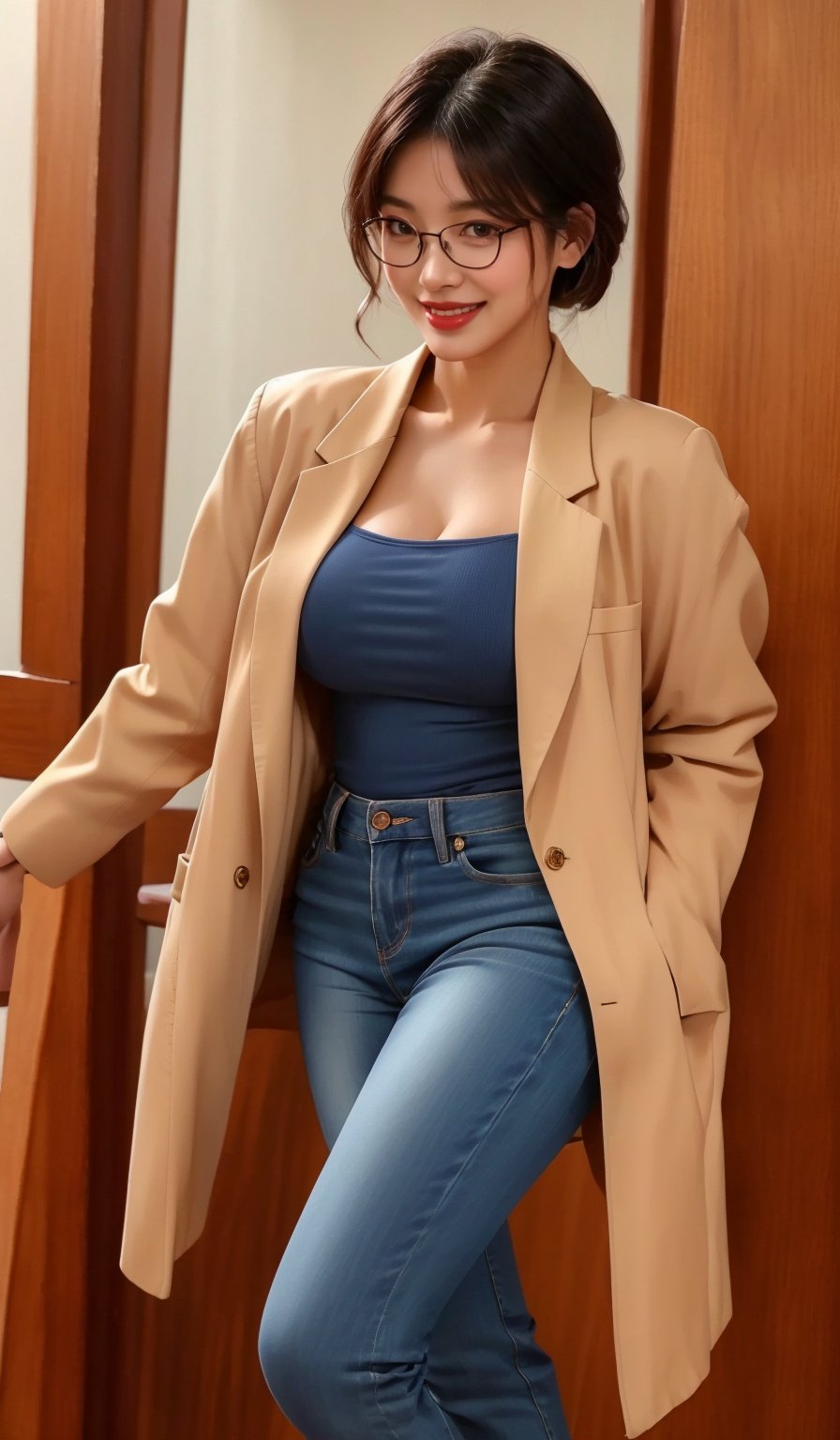 A 35-year-old beautiful Taiwanese woman,Best quality, masterpiece, ultra high res, (photorealistic:1.4), raw photo, 1girl, Very confident smile ,,, confident smile,full bod,bangs,Carrying thin-framed eyeglasses,,Wearing a long white blazer,Aqua blue t-shirt top,Blue ultra-slim denim pants,sassy buttocks,,Keep your head up and your chest high,perfect light,1 girl,Sitting,Slightly tooth baring,