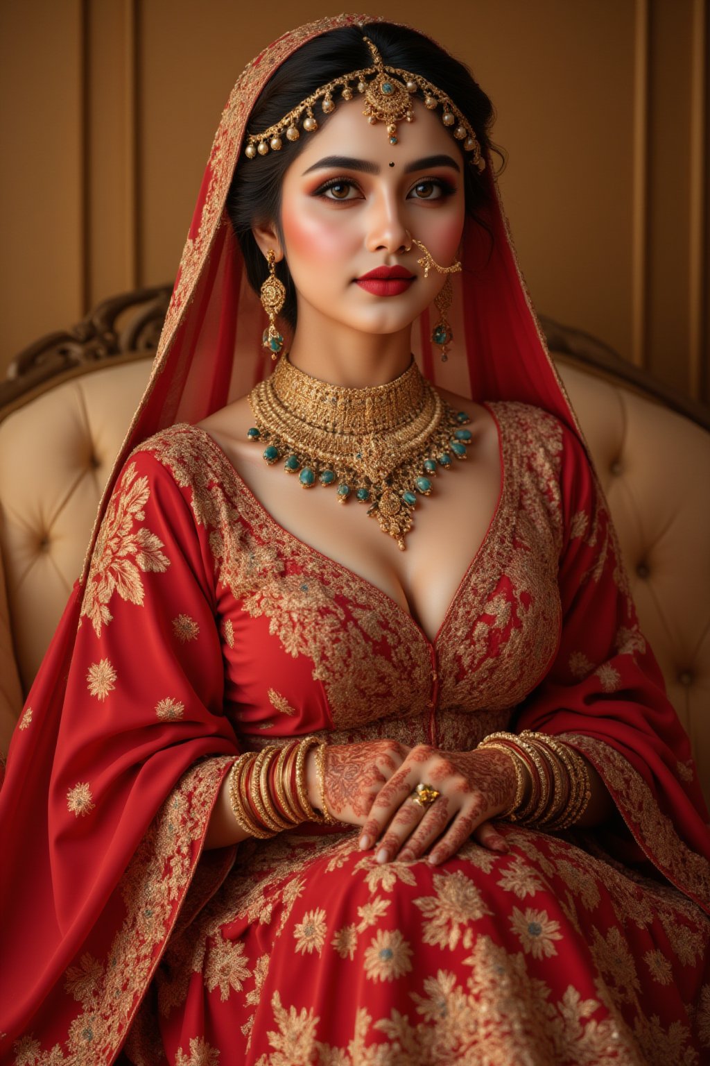 A regal Indian bride sits majestically,  adorned in a stunning red sari with intricate gold embroidery. Her hands and legs...